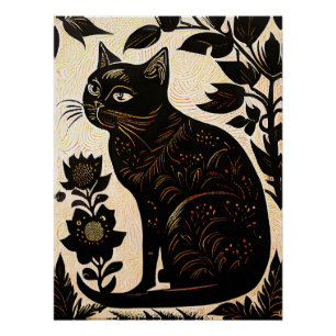 Poster Linocut d'un chat noir parmi les fleurs