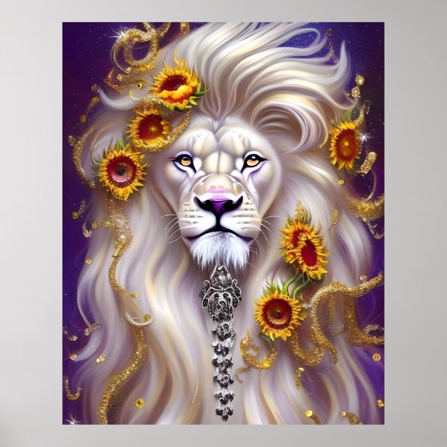 Poster Lion blanc magique et tournesol graphique (Devant)