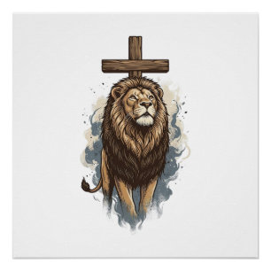 Poster Lion chrétien et croix vintage