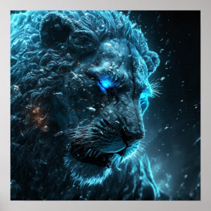 Poster Lion clair cosmique bleu