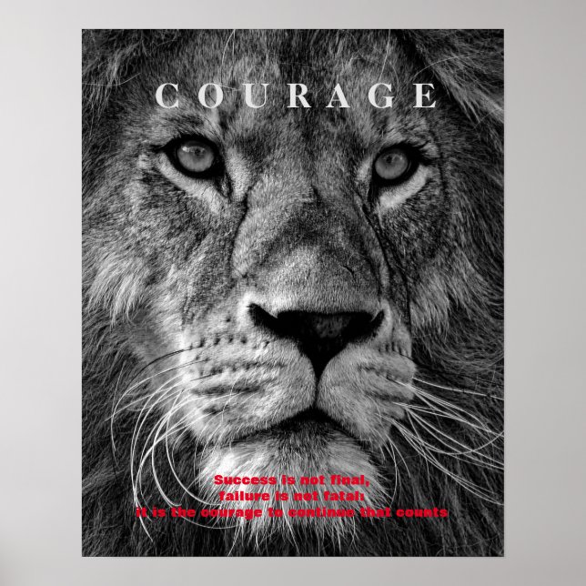 Poster Lion de courage motivationnel noir et blanc (Devant)