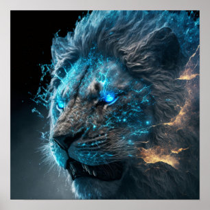 Poster Lion de feu bleu cosmique