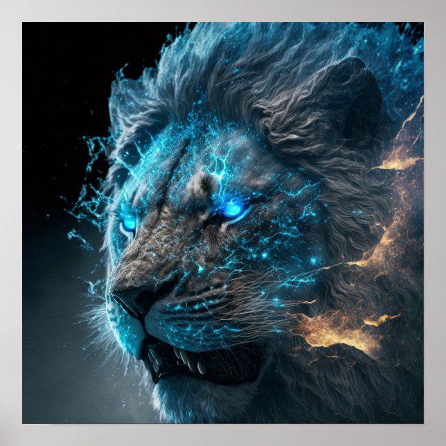Poster Lion de feu bleu cosmique (Devant)