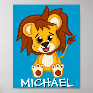 Poster Lion de Safari Mignon Dessin Animé Jungle Nom Bleu
