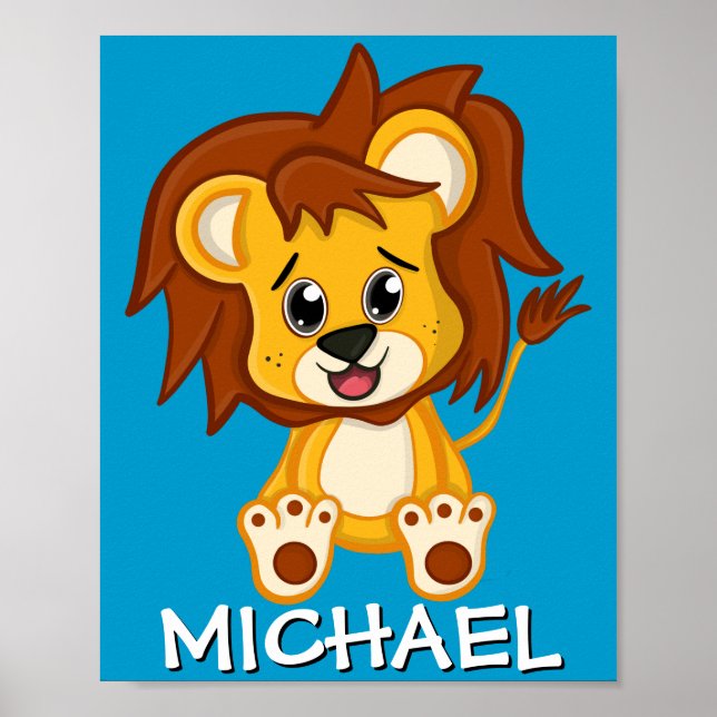 Poster Lion de Safari Mignon Dessin Animé Jungle Nom Bleu (Devant)