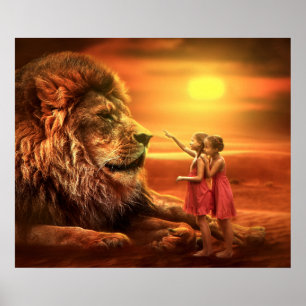 Poster Lion et petites filles