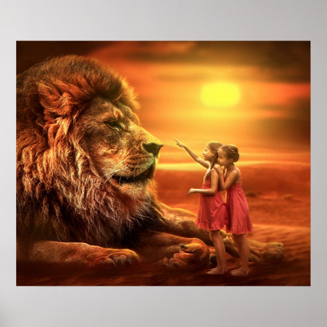 Poster Lion et petites filles (Devant)