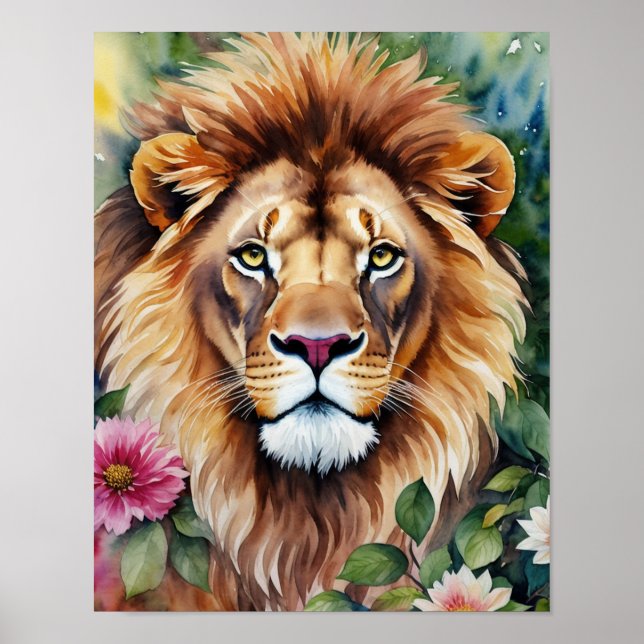 Poster Lion Floral Aquarelle Portrait Art (Devant)