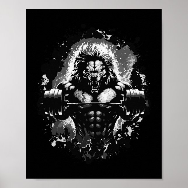 Poster Lion Lifting Weights Gym Beast Exercice Muscles Bo (Devant)
