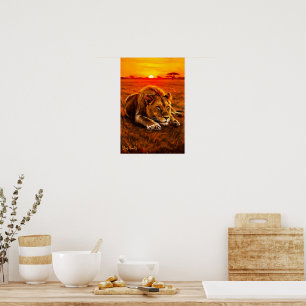 Poster Lion mâle au repos sur la savane dorée