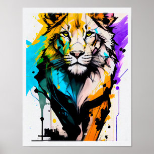 Poster Lion noir formes lignes peintures éclaboussures de