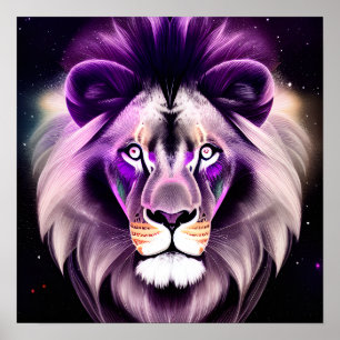 Poster Lion pourpre et Arrière - plan étoilé