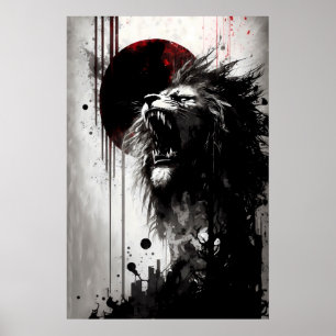 Poster Lion Roaring Into The Night Sky