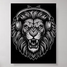 Lion rugissant féroce avec casque audio monochrome