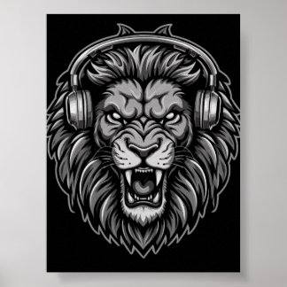 Poster Lion rugissant féroce avec casque audio monochrome
