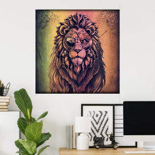 Poster Lion rustique dégradé de couleur Steampunk