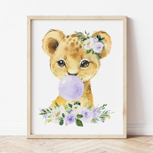 Poster Lion, Safari, gomme à bulles violettes, Neutre sur