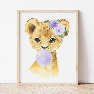 Poster Lion, Safari, gomme à bulles violettes, Neutre sur