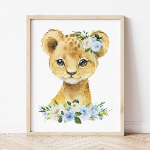 Poster Lion, Safari, Jungle, Fleurs Bleues, Garçon Chambr