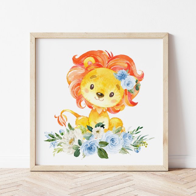 Poster Lion, Safari, Jungle, Fleurs Bleues, Pépinière (Créateur téléchargé)