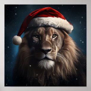 Poster Lion superbe portant un casquette du Père Noël