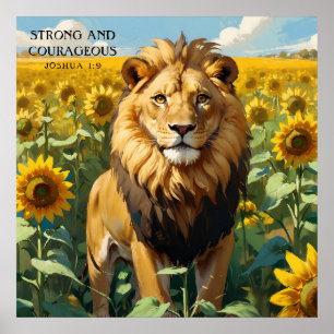 Poster Lion unique dans la foi de terrain de tournesol ja