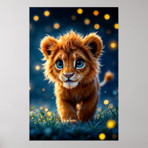 Poster Lionceau aux yeux bleus enchantés dans la lueur de