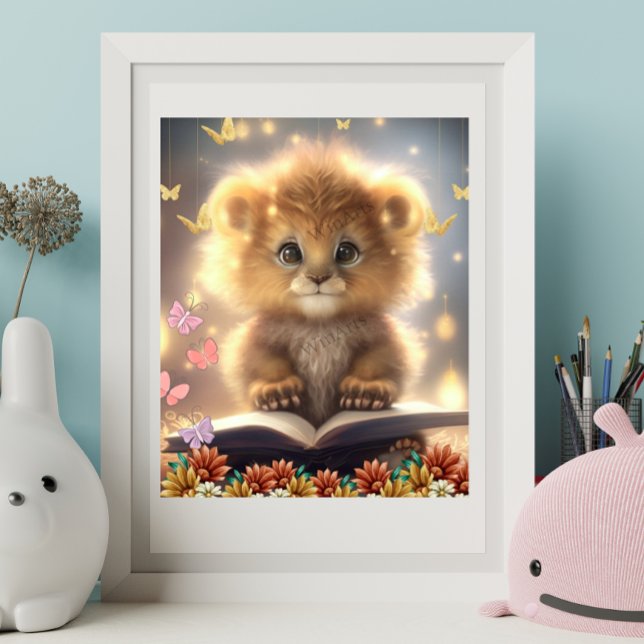 Poster Lionceau Mignon Lisant un Livre Art Crèche (Créateur téléchargé)