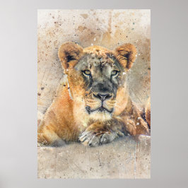Poster Lioness Face Aquarelle Jungle Animal