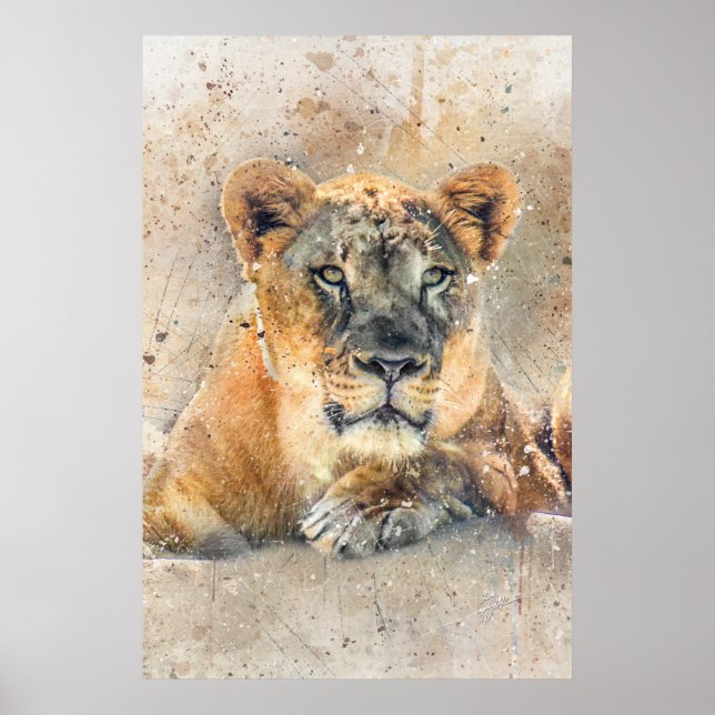 Poster Lioness Face Aquarelle Jungle Animal (Devant)