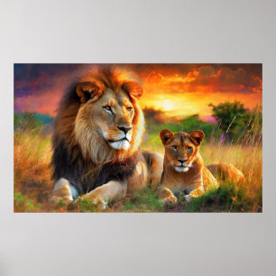 Poster Lionne avec son petit