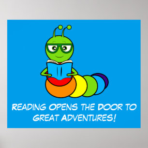Poster Lire Aventures avec ver de livre de dessin
