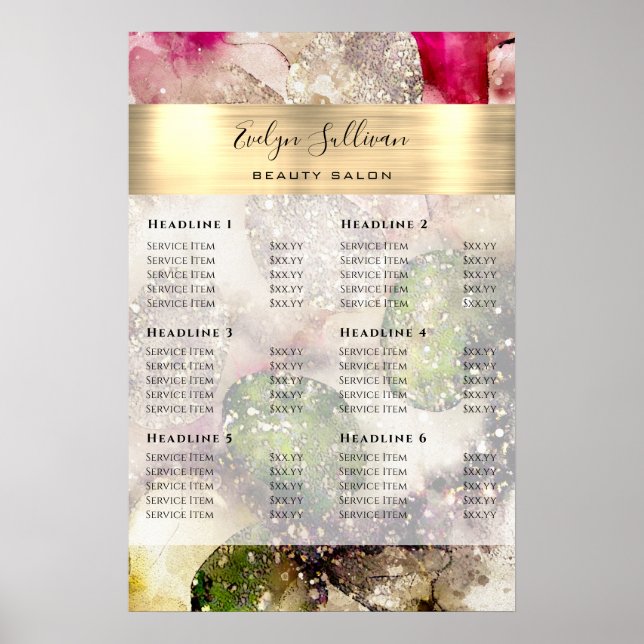 Poster Liste de prix aquarelle pailletée verte rose (Devant)
