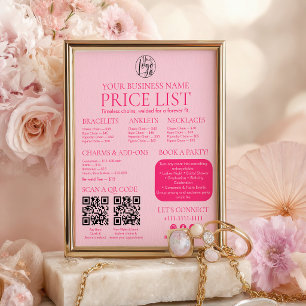 Poster Liste de Prix de Bijoux Permanents Rose Code QR Me