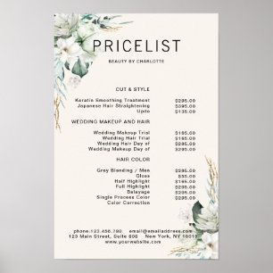 Poster Liste de prix de fleurs blanches modernes et éléga