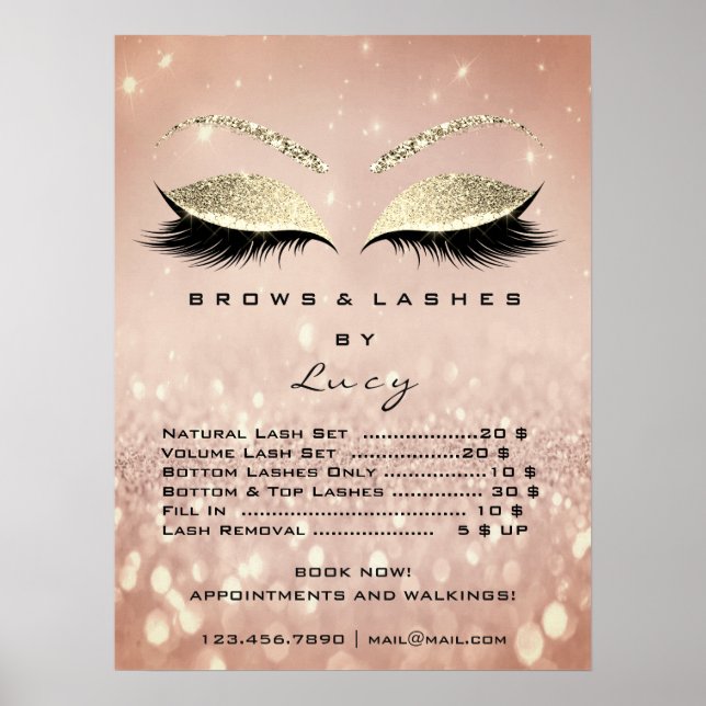 Poster Liste de prix de Maquillage Rose Gold Pailleté Yeu (Devant)