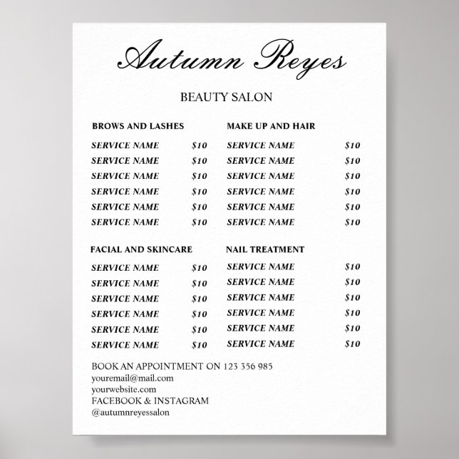 Poster Liste de Prix du Salon de Beauté Vintage (Devant)