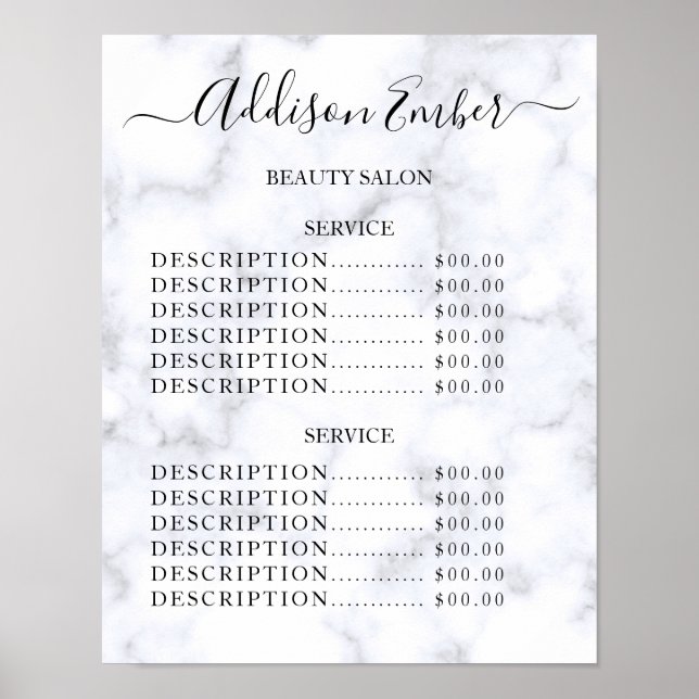 Poster Liste de prix du salon de beauté Vintage (Devant)