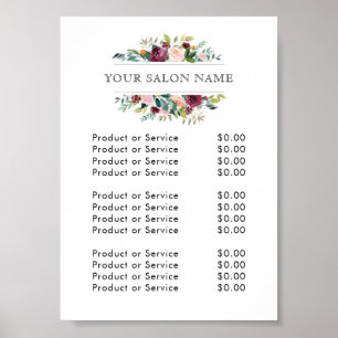 Poster Liste de prix florale aquarelle Bourgogne et rose