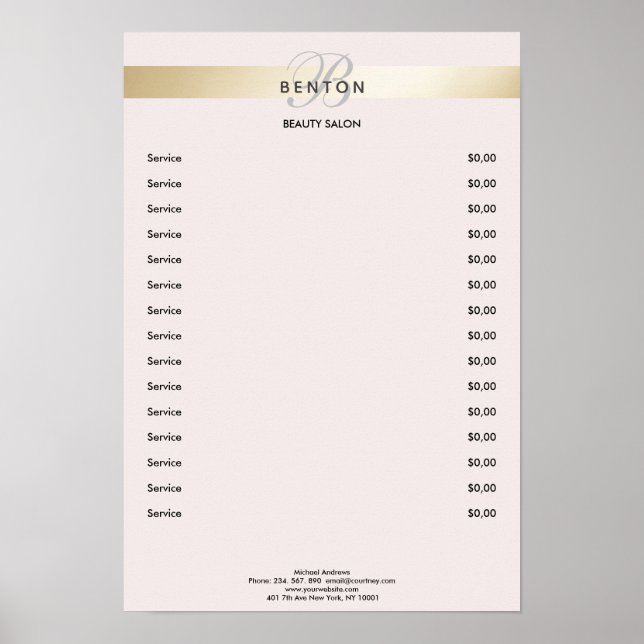 Poster Liste de prix rayée or rose Monogramm élégant  (Devant)