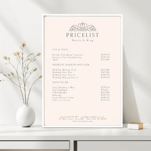 Poster Liste de prix Salon Rose Pâle Couronne Élégante Lo