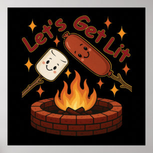 Poster Lit Firepit - mignon Marshmallow & Hot Dog