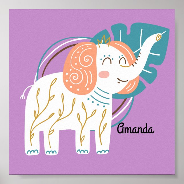 Poster Little Elephant Boho Nom personnalisé (Devant)