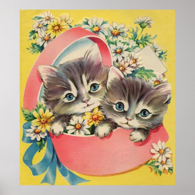 Poster Little Kittens A Hatbox and Daisies (Devant)