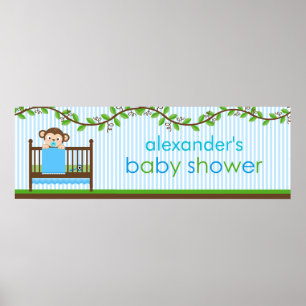 Poster Little Monkey in a Crib Boy Baby Shower Banner