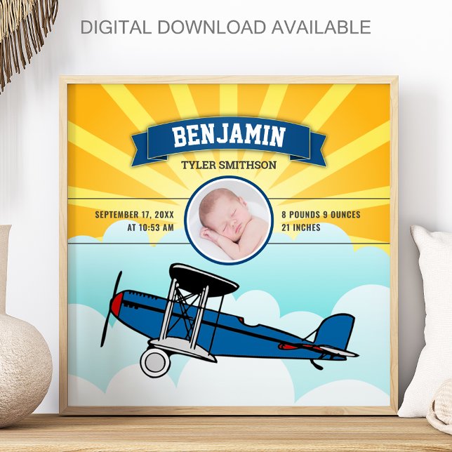 Poster Little Pilot Blue Airplane Baby Photo Birth Stats (Créateur téléchargé)