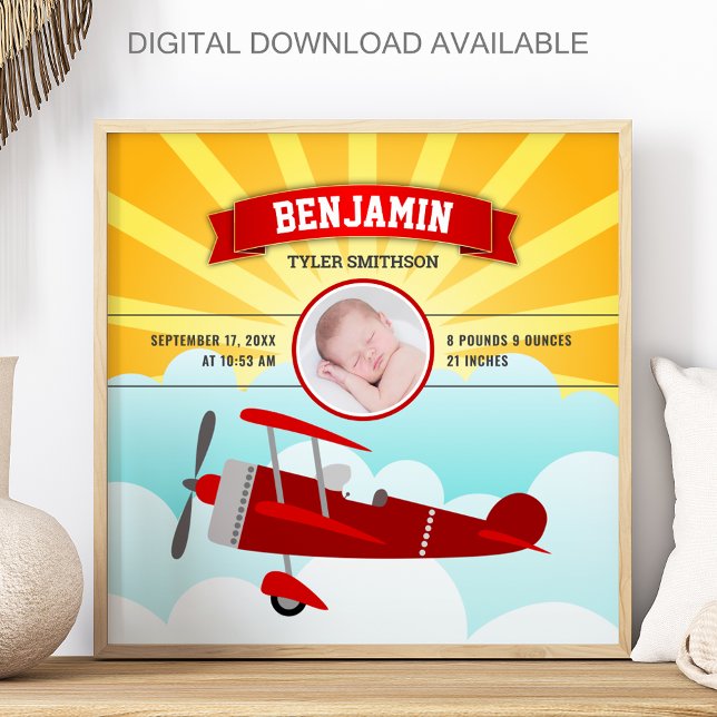 Poster Little Pilot Red Airplane Baby Photo Birth Stats (Créateur téléchargé)