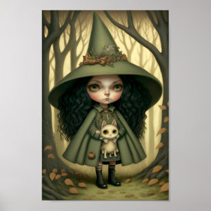 Poster Little Witchy Forest Girl et son chat