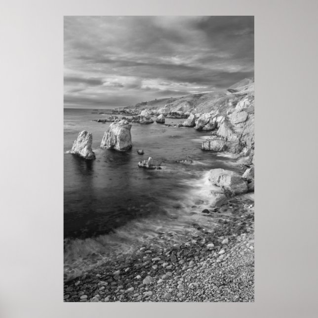 Poster Littoral de la plage en N&B, Californie (Devant)