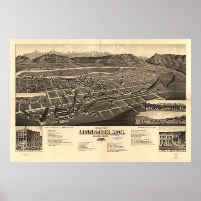 Poster Livingston Montana 1883 Carte panoramique antique (Devant)